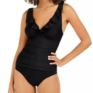 DKNY Women's Black Ruffle Underwire Tummy Control One-Piece Swimsuit Size Medium